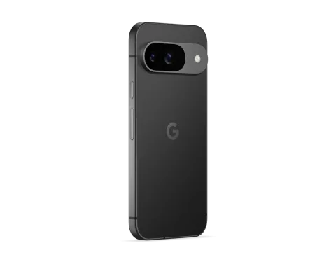 Google Pixel 9 in Obsidian, angled rear view showing camera bar