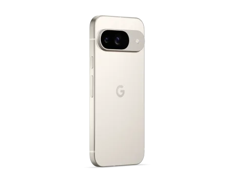 Google Pixel 9 in Porcelain, angled rear view showing camera bar