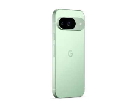 Google Pixel 9 in Wintergreen, angled rear view showing camera bar