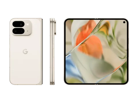 The back, side and open display of Pixel 9 Pro Fold in Porcelain color. The immense screen displays a variety of vibrant colors.