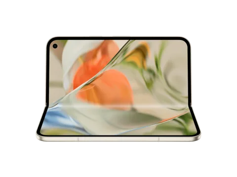 Front of an open Pixel 9 Pro Fold, positioned sideways, in Porcelain color. Its two screens display an array of color.