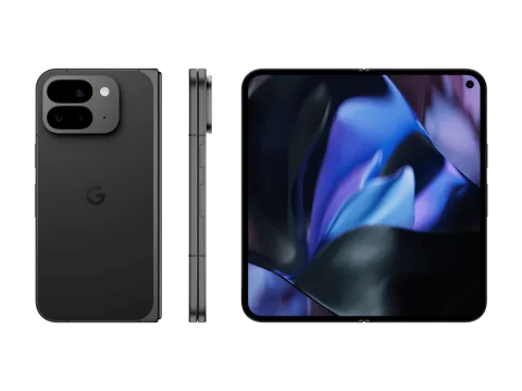 The back, side and open display of Pixel 9 Pro Fold in Obsidian color. The immense screen displays a variety of vibrant colors.