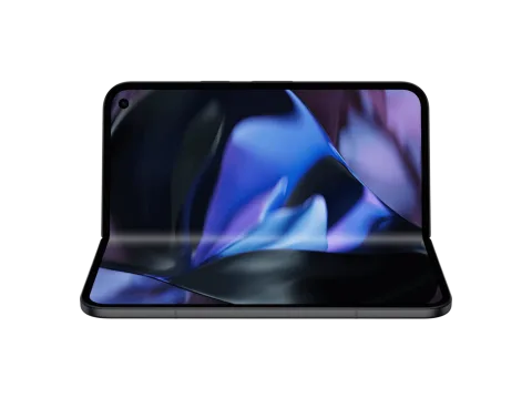 Front of an open Pixel 9 Pro Fold, positioned sideways, in Obsidian color. Its two screens display an array of color.