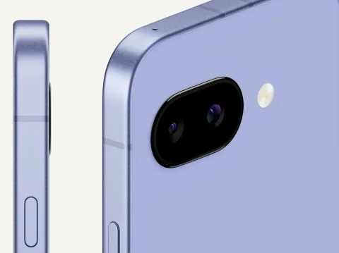 The back and side profile of Pixel 9a in Iris color.