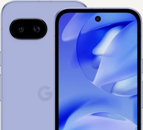 The front and back of Pixel 9a in Iris color. The screen displays swirly shapes.