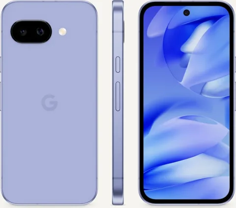 The front, side, and back of Pixel 9a in Iris color. The screen displays swirly shapes.