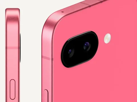 The back and side profile of Pixel 9a in Peony color.