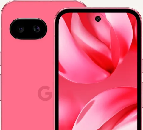 The front and back of Pixel 9a in Peony color. The screen displays swirly shapes.