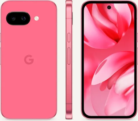 The front, side, and back of Pixel 9a in Peony color. The screen displays swirly shapes.