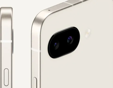 The back and side profile of Pixel 9a in Porcelain color.