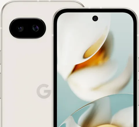The front and back of Pixel 9a in Porcelain color. The screen displays swirly shapes.