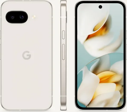 The front, side, and back of Pixel 9a in Porcelain color. The screen displays swirly shapes.