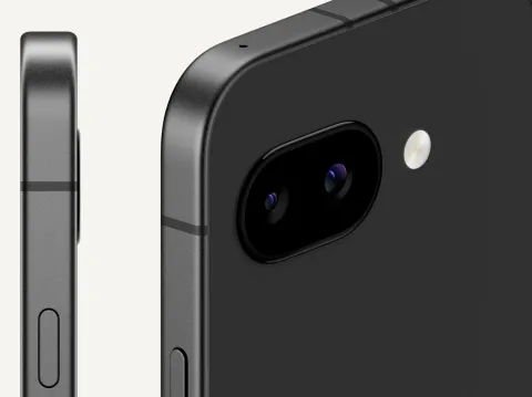 The back and side profile of Pixel 9a in Obsidian color.