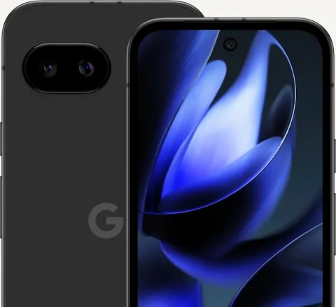 The front and back of Pixel 9a in Obsidian color. The screen displays swirly shapes.
