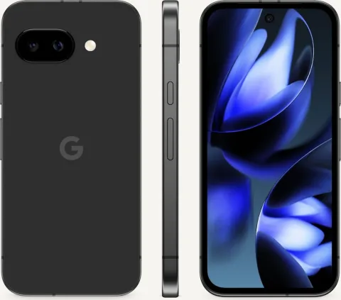 The front, side, and back of Pixel 9a in Obsidian color. The screen displays swirly shapes.