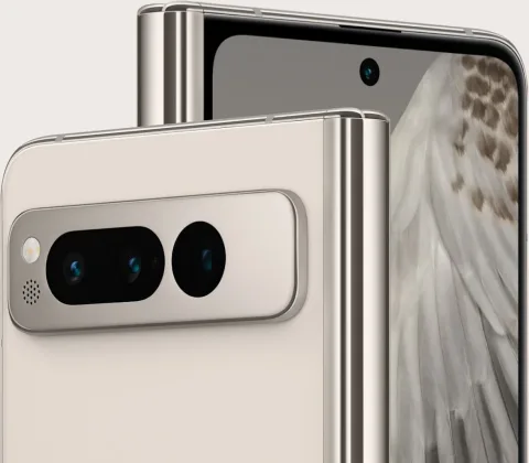 Close-up of angled front and back of a Pixel Fold in Porcelain