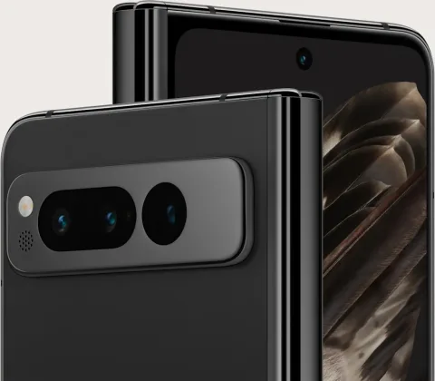 Close-up of angled front and back of a Pixel Fold in Obsidian