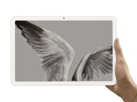 Google Pixel Tablet in Porcelain, front view held in hand