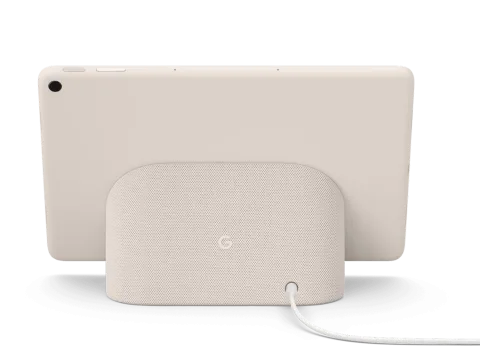 Google Pixel Tablet in Porcelain, back view with Charging Speaker Dock