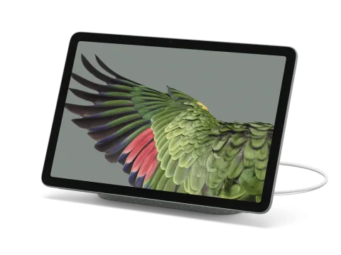 Google Pixel Tablet in Hazel, angled front view on Charging Speaker Dock