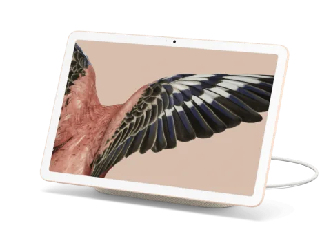 Google Pixel Tablet in Rose, angled front view on Charging Speaker Dock