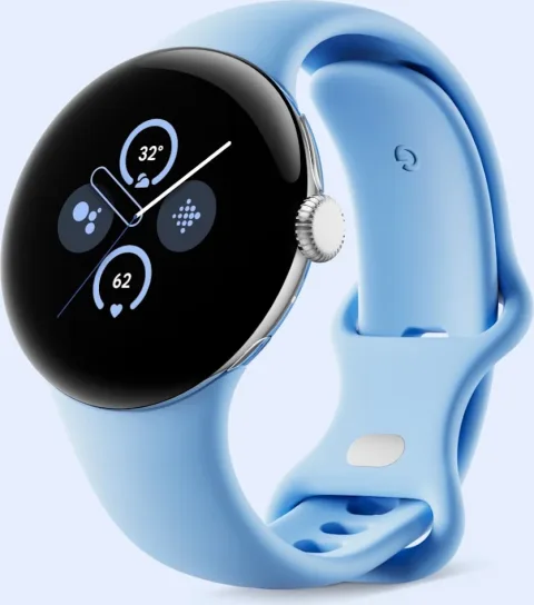Google Pixel Watch 2 with Polished Silver case and Bay Active Band, front view