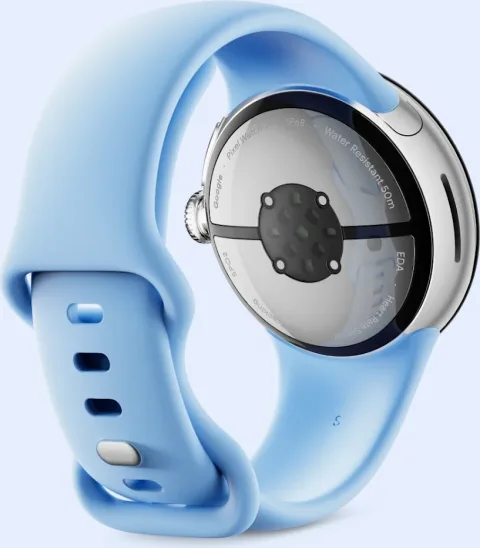 Google Pixel Watch 2 with Polished Silver case and Bay Active Band, back view