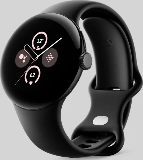 Google Pixel Watch 2 with Matte Black case and Obsidian Active Band, front view