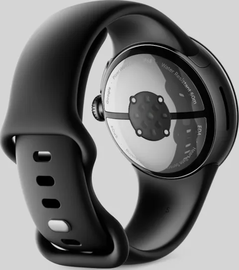 Google Pixel Watch 2 with Matte Black case and Obsidian Active Band, back view