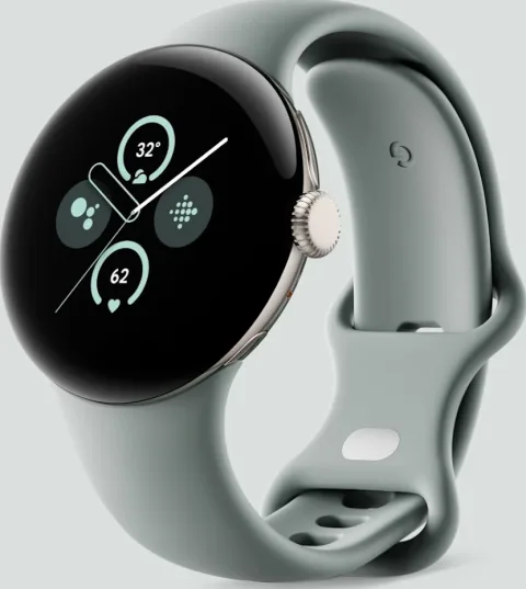 Google Pixel Watch 2 with Champagne Gold case and Hazel Active Band, front view