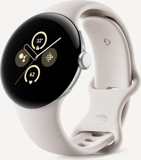 Google Pixel Watch 2 with Polished Silver case and Porcelain Active Band, front view