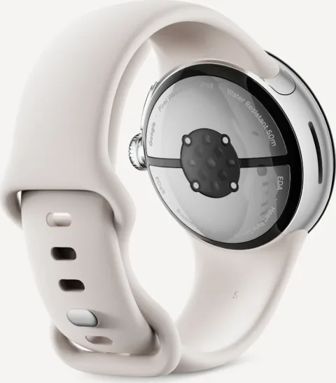 Google Pixel Watch 2 with Polished Silver case and Porcelain Active Band, back view