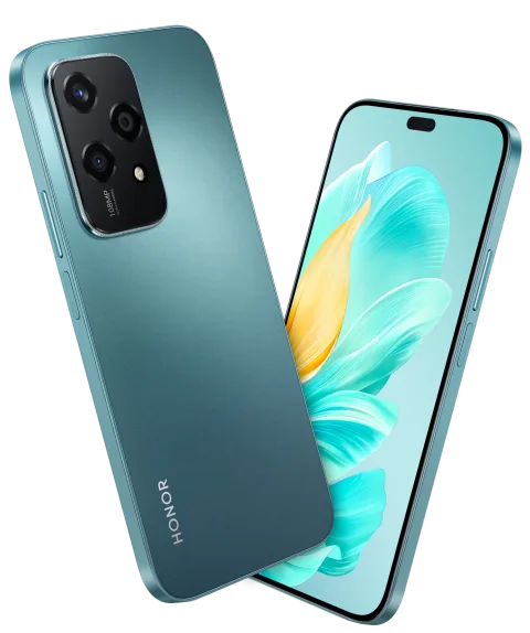Honor 200 Lite in Cyan Lake, front and back view