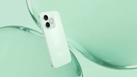 Honor 600 Lite in mint green, angled product shot