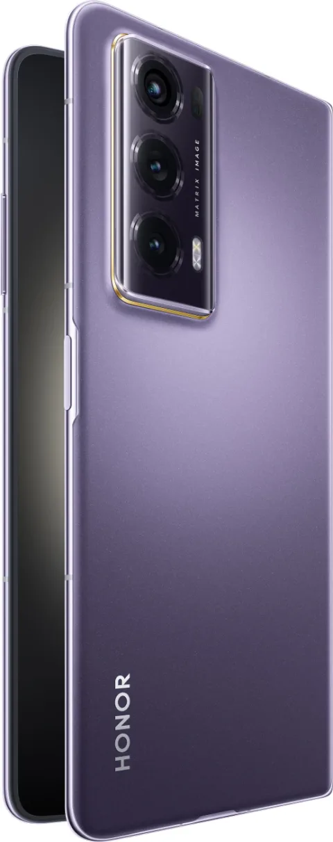 Honor Magic V2 in Purple, closed back and edge view