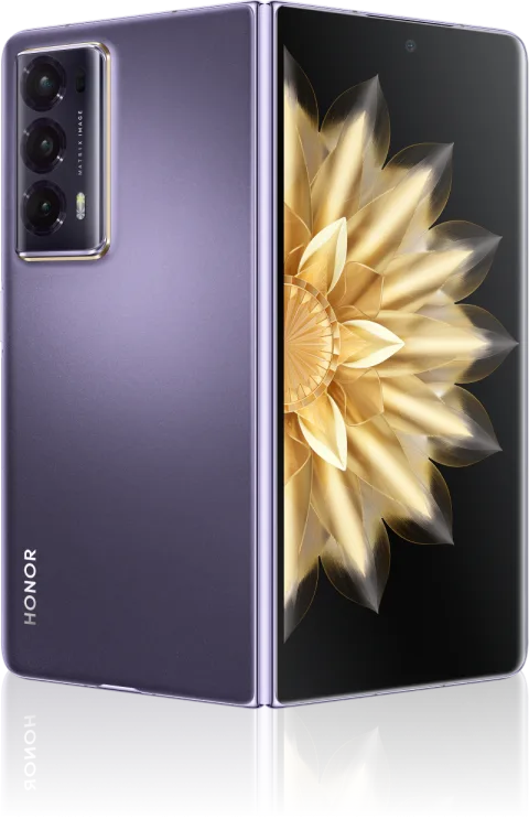 Honor Magic V2 in Purple, angled open view showing back and inner screen