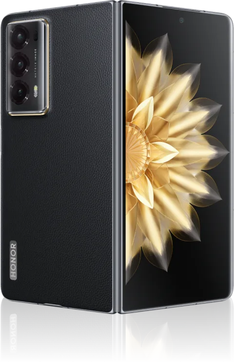 Honor Magic V2 in Black, angled open view showing back and inner screen