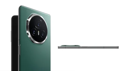 Honor Magic V3 in Green, camera module close-up and folded side profile showing thinness