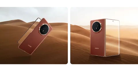 Honor Magic V3 in Reddish Brown, folded and partially open profile against desert dunes