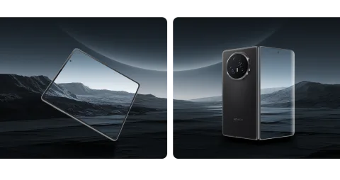 Honor Magic V3 in Black, folded and partially open profile against a night landscape
