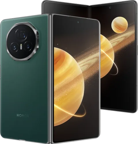 Honor Magic V3 in Green showing folded back, cover screen and unfolded inner display