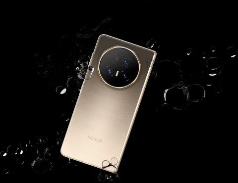 Honor Magic V5 folded, angled with water droplets