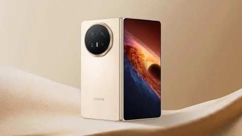 Honor Magic V6 in Gold, opened at an angle showing the front display and rear camera module