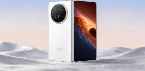 Honor Magic V6 in White, opened at an angle showing the front display and rear camera module