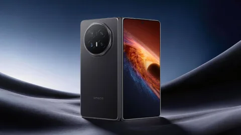 Honor Magic V6 in Black, opened at an angle showing the front display and rear camera module