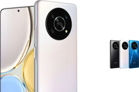 Honor Magic4 Lite in White, front and back view with Black, White and Blue colour range