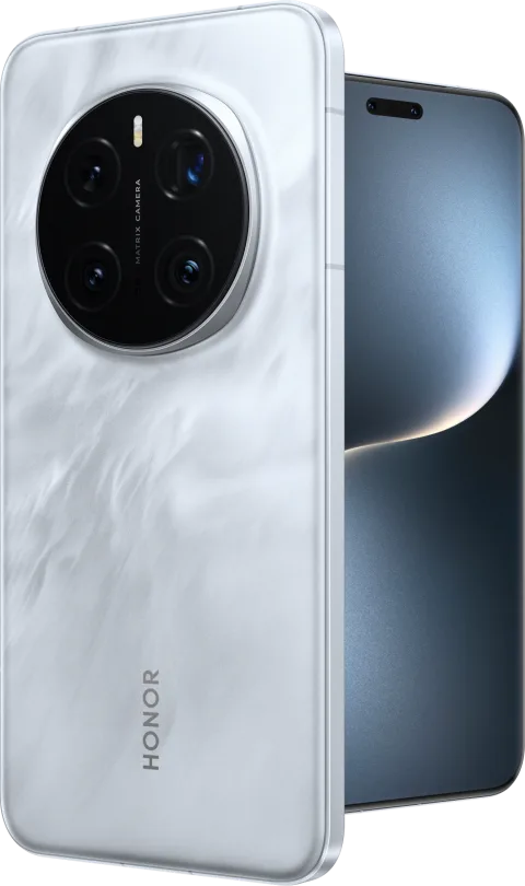 Honor Magic7 Pro front and back shown together, silver