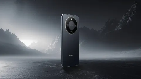 Honor Magic8 Lite in Midnight Black against a mountain backdrop