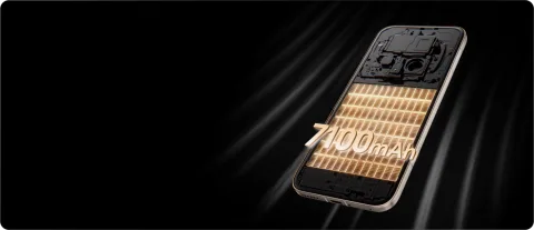 Honor Magic8 Pro in Sunrise Gold, exploded internal view showing the 7100mAh battery