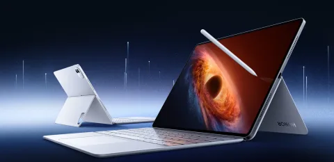 Honor MagicPad 4 with keyboard, angled hero shot